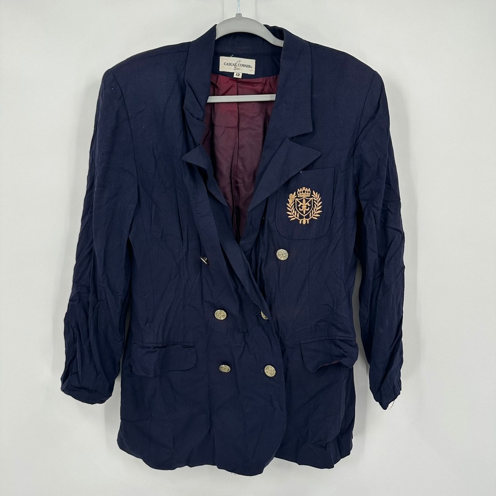 Casual Corner Womens Preppy Nautical Blazer Size 12 Jacket Old Money Crest Navy
